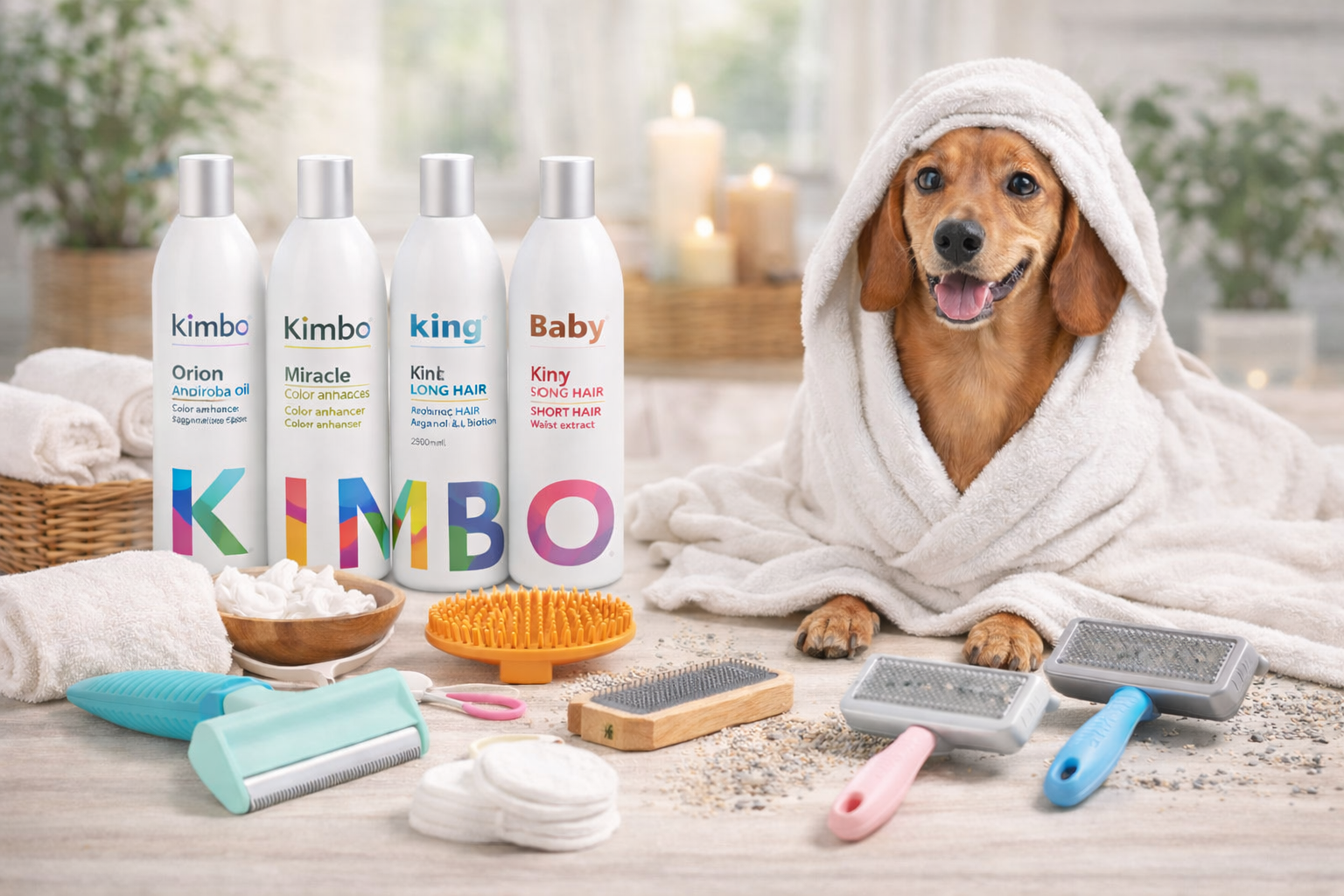 Câine într-un decor de tip spa, alături de șampoane și perii Kimbo pentru igiena și îngrijirea câinilor.