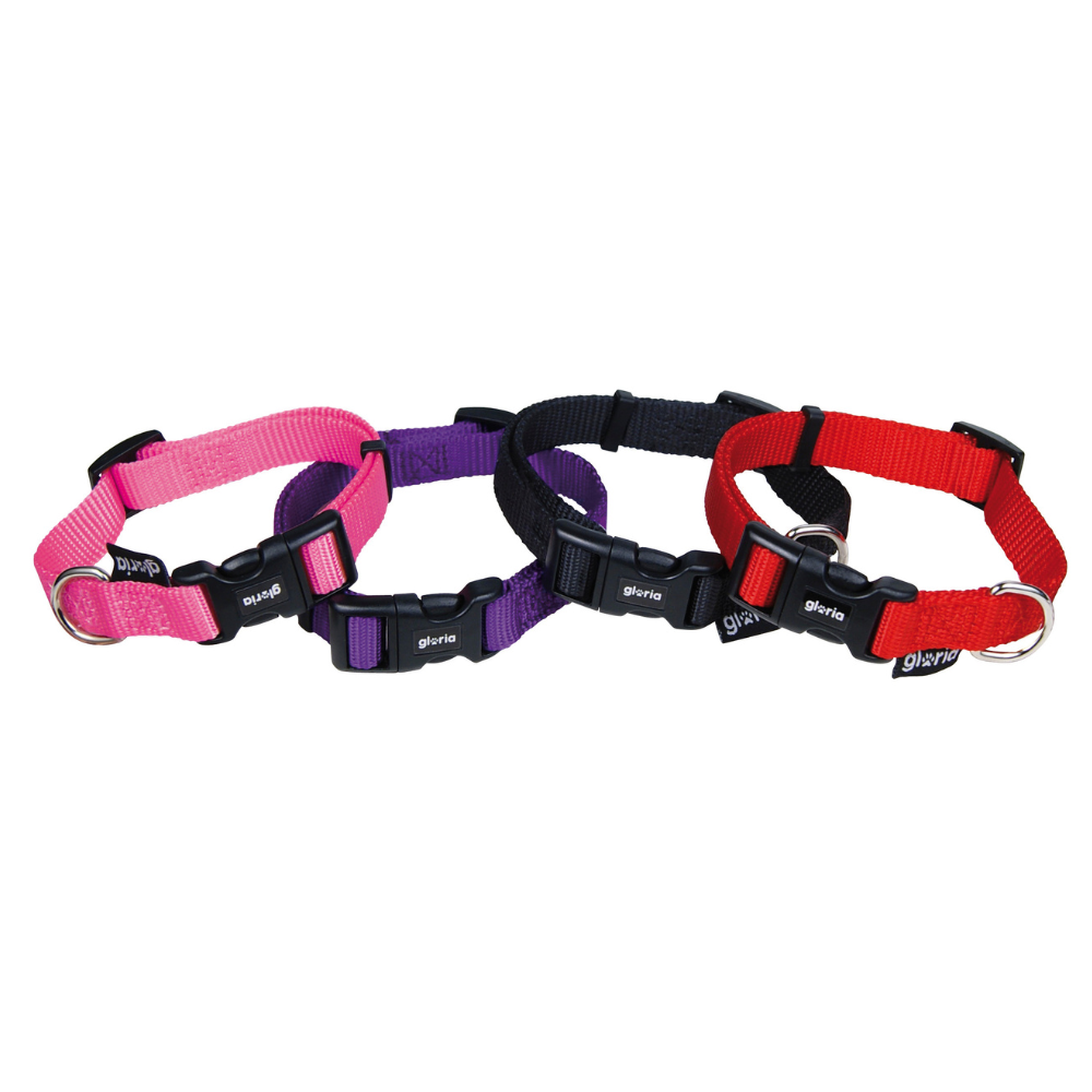Zgardă reglabilă din nylon Gloria pentru câini, culori roz, roșu, negru și mov