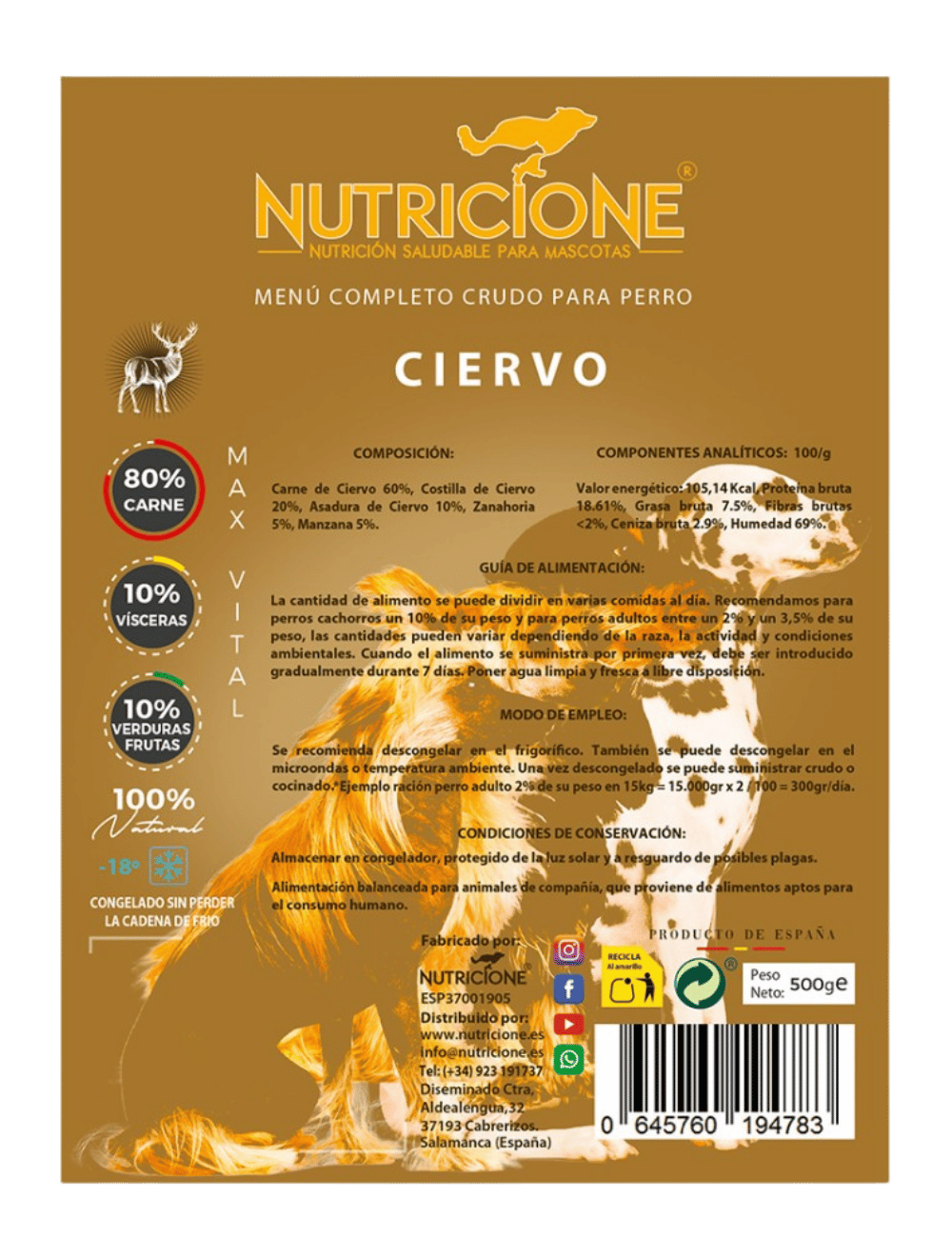 Etichetă BARF Nutricione – meniu complet de cerb pentru câini, informații nutriționale