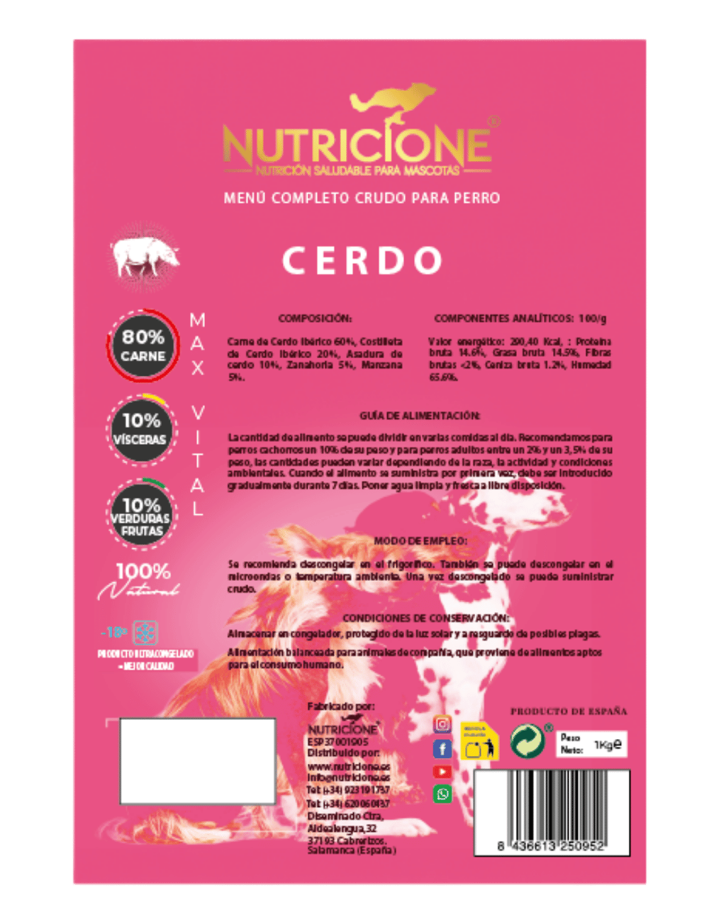 Etichetă BARF Nutricione – meniu complet de porc pentru câini, informații nutriționale