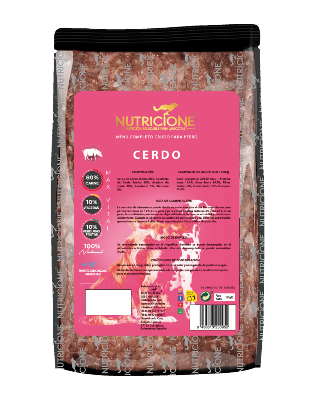 BARF complet pentru câini Nutricione – meniu complet de porc, ambalaj